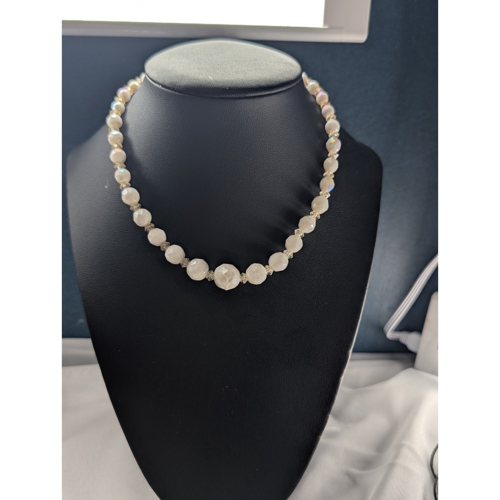 Vintage 1950s Faceted White Glass AB Crystal Bead Choker Necklace Brass Hook